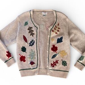 VTG Orvis Women's M Beige Knit Cardigan Autumn Leaf Applique Button Down Sweater